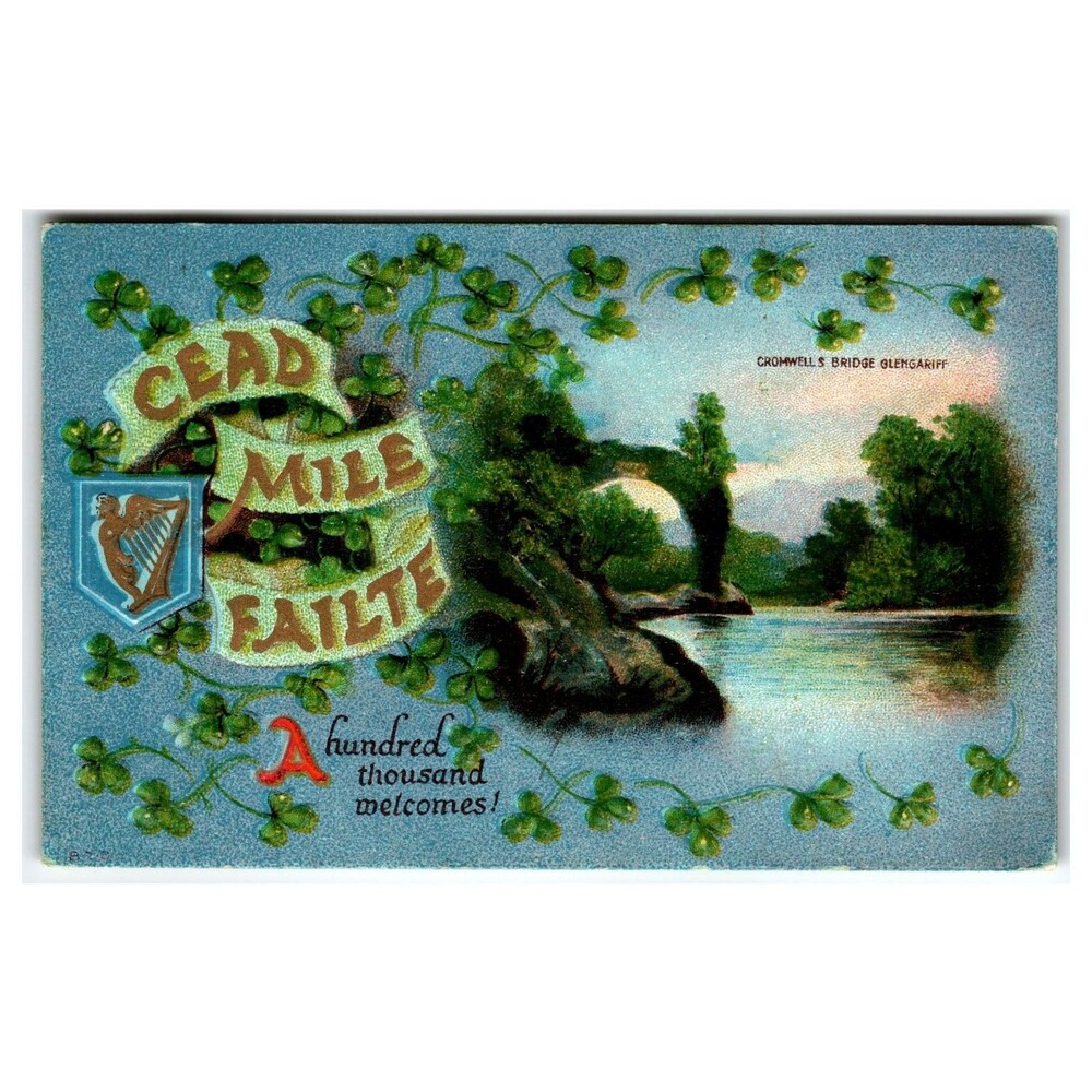 Cead Mile Failte Glengarriff Cromwell's Bridge Embossed Shamrock Postcard 1919